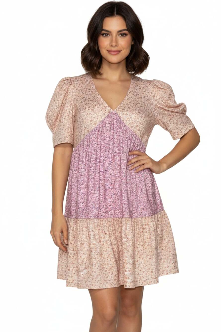 Free The Roses Floral Colorblock Tiered Knit Babydoll Mini Dress